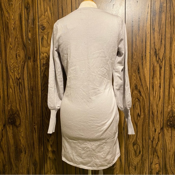 Gray Long Sleeve Sweater Dress Tie Waist Crewneck Knitted - Picture 8 of 9